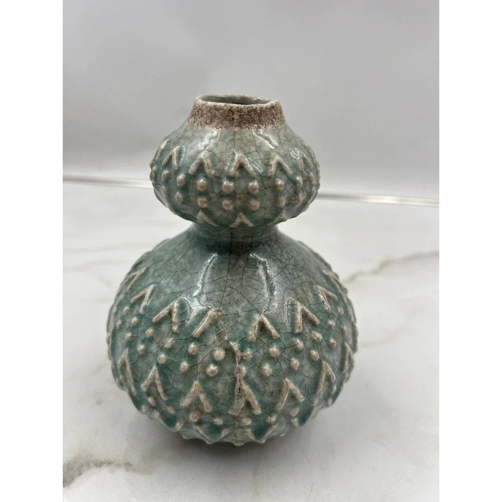 Celadon Green Crackle Glaze Double Gourd Ceramic Vase Studio Pottery 5.5